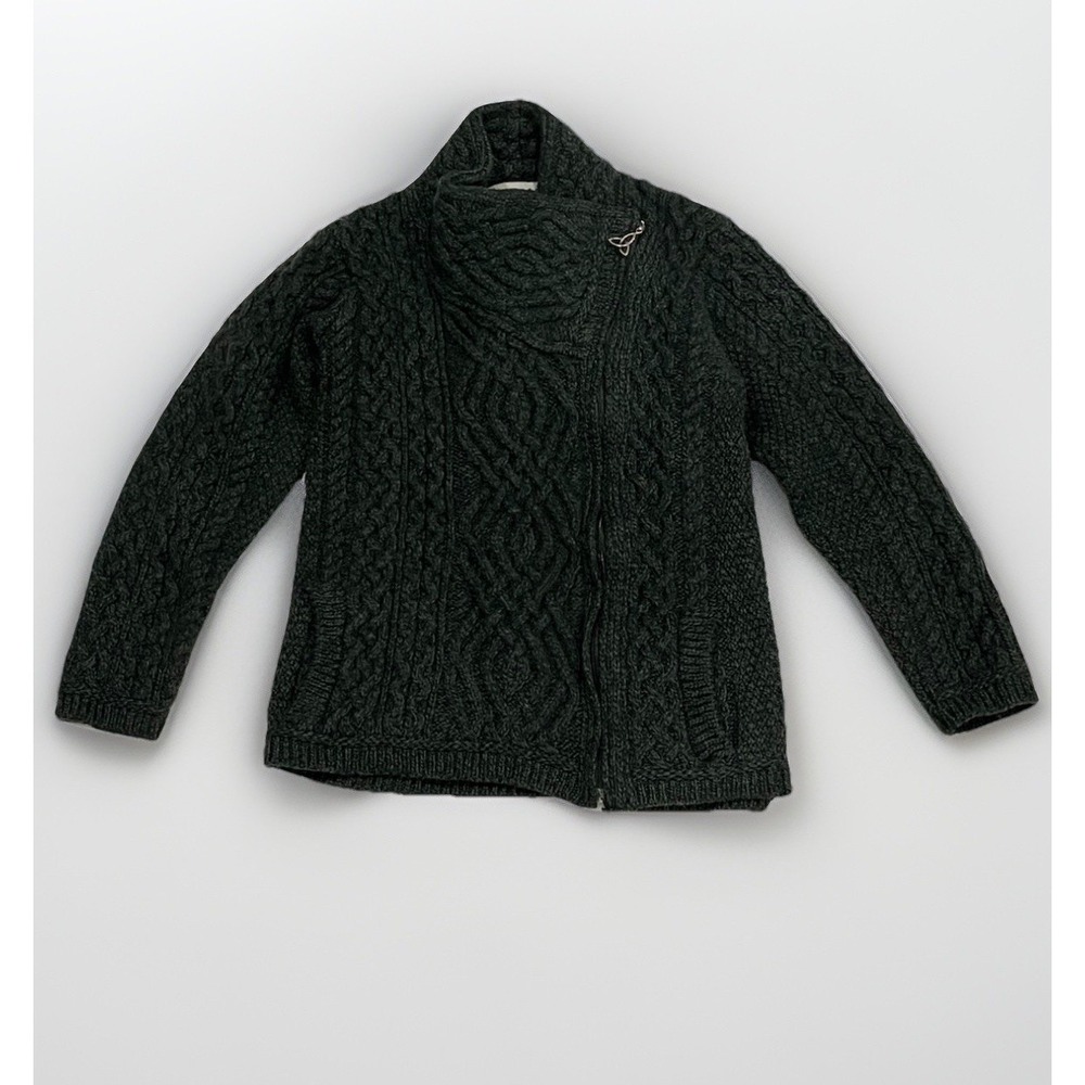 Aran Crafts Sweater Women Small Green Wool Side Zip Cardigan Jacket Ireland
